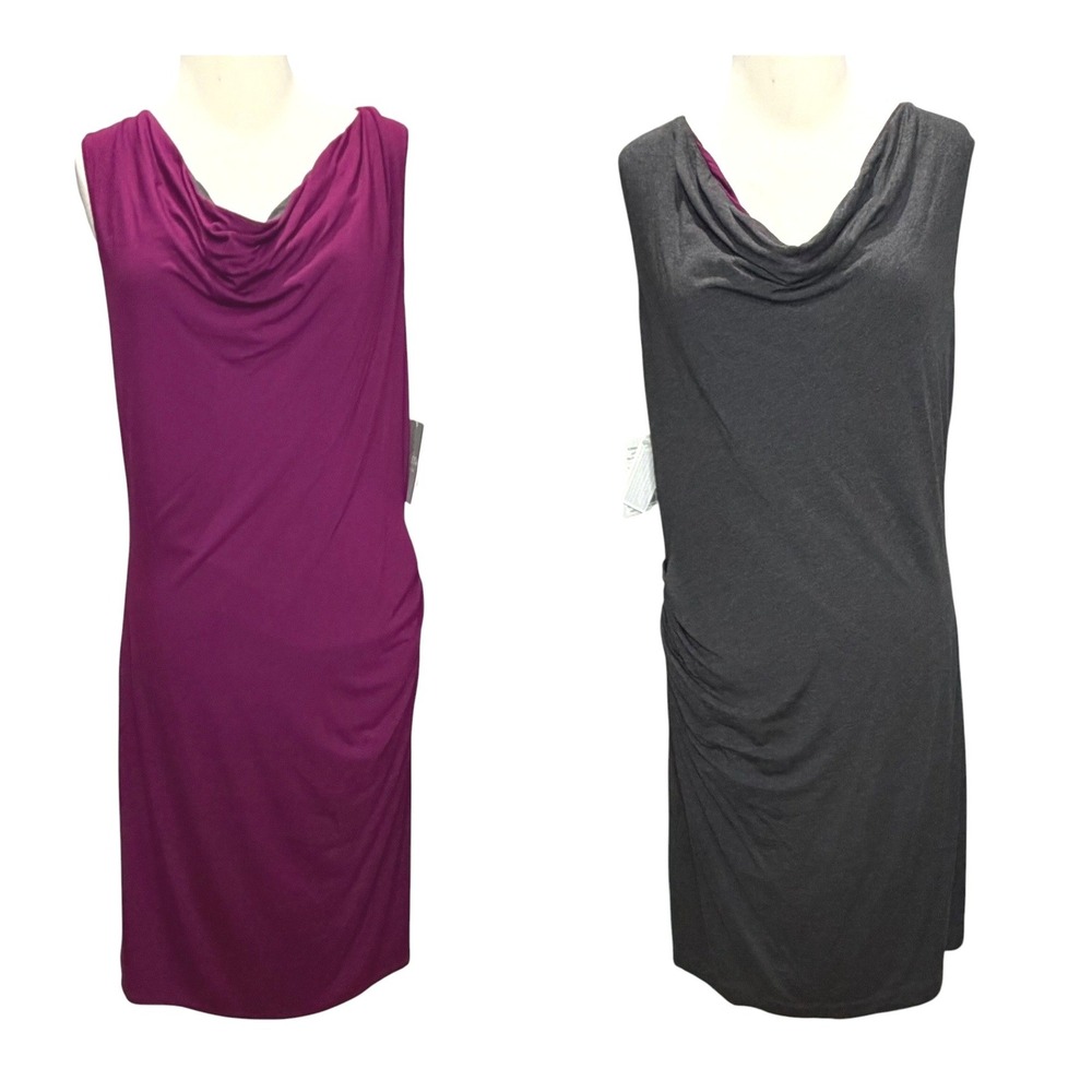 Athleta Inverse Drape Reversible Dress Womens L Fuchsia Gray Cowl Neck Ruched